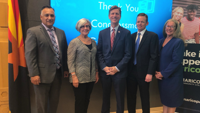 Image of Congressman Greg Stanton with MCCCD leadership at Bioscience Event