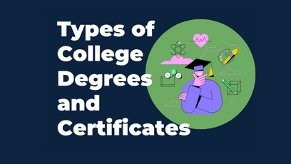 A graphic with a dark blue background with the wordingTypes of College Degrees and Certificates and illustration of a person wearing a graduate cap and with icons surrounding the person