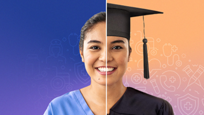 A split image of a nursing student wearing scrubs and a graduation cap and gown