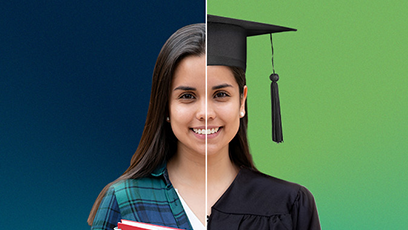 A split screen image of a woman carrying books with a dark blue background and and wearing a graduation cap with a green background 