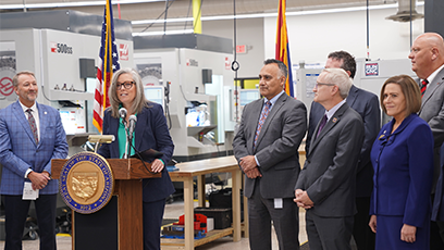 Arizona Governor Katie Hobbs speaks at a press conference announcing the Arizona Community College Workforce Scholarship Program.