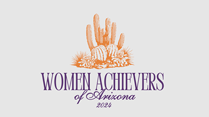 A graphic with an orange desert scene and purple letters that say Women Achievers of Arizona 2024