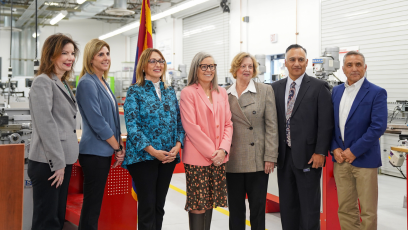 Group image from the Future48 Workforce Accelerator press conference held at GateWay Community College. Pictured from left to right are Laura French, Director of State Government Relations for TSMC AZ Corp; an industry partner representative; Sandra Watson, President & CEO, Arizona Commerce Authority; Arizona Governor Katie Hobbs; Susan Bitter Smith, MCCCD Governing Board President; Dr. Steven R. Gonzales, MCCCD Chancellor; and Dr. Tom Nerini, MCCCD Governing Board Secretary.