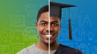 A split screen image of a man smiling. Half of the image has a green background with the man wearing a T-shirt, and the other half of the image there is a light blue background with the man wearing a graduation cap and gown. 