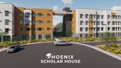 A rendering drawing of the Phoenix Scholar House with the logo.