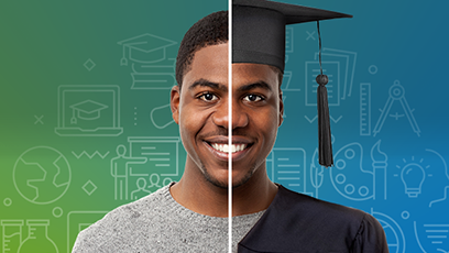 Image of male student with split graduation cap.