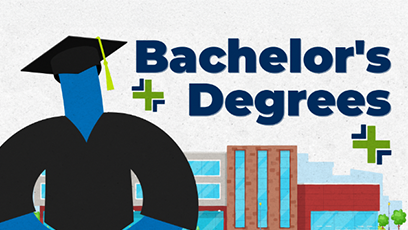 Image of an illustrated figure wearing a college grad cap and gown with the words Bachelor's Degrees