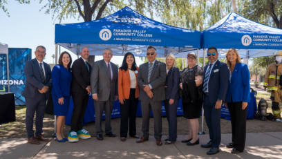 Pictured from left to right: Dr. Eric Leshinskie, Dr. Jana Schwartz, Dr. CJ Wurster, Dr. Richard C. Daniel, Dr. Veronica Hipolito, Chancellor Steven R. Gonzales, Dr. Kimberly Britt, Dr. Tiffany Hernandez, Dr. Rey Rivera, and Dr. Amy Diaz.