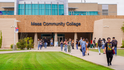 Mesa Community College students walking across the campus.