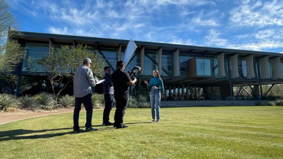 Image of film crew at EMCC working with student Kayden Blakley