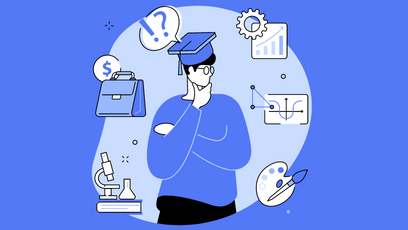 Graphic with a medium blue background and illustrations of a man wearing  a graduation cap and college icons surrounding the graphic