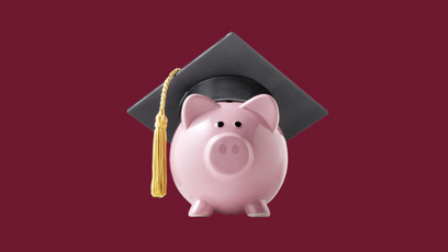 Image with a burgundy background and has a pink piggy bank wearing a graduation cap