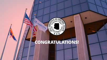 Exterior image of the Maricopa County Community College District office building with the All-Arizona Academic seal