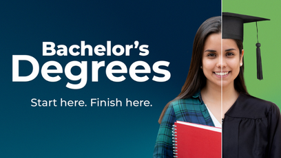 A split image of a woman as a student and wearing a cap and gown.