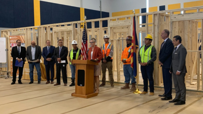 An image of Governor Hobbs at press conference at South Mountain Community College to promote BuilditAZ