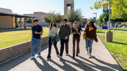 an image of a group of Mesa Community College students walking across the campus
