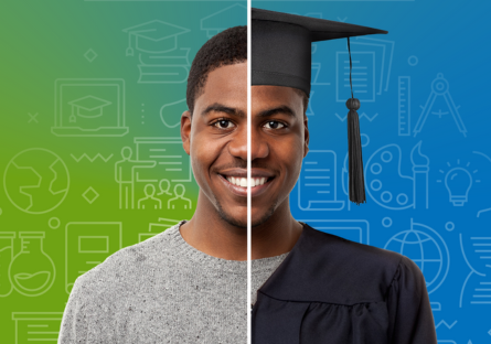 A split screen image of a man smiling. Half of the image has a green background with the man wearing a T-shirt, and the other half of the image there is a light blue background with the man wearing a graduation cap and gown. 