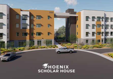A rendering drawing of the Phoenix Scholar House with the logo.