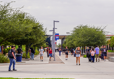 Image of Mesa Community College campus featuring students walking and interacting.