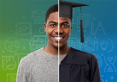 Image of male student with split graduation cap.