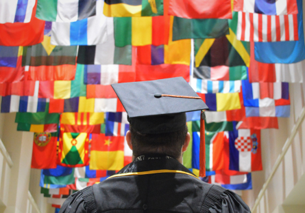 A college graduate  wearing a black cap and gown with back to camera looking at international flags