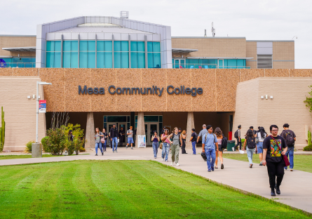 Mesa Community College students walking across the campus.