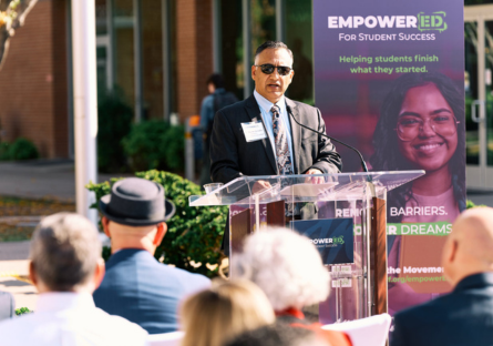 Chancellor Dr. Steven R. Gonzales is giving a speech at the launch of the EmpowerED for Student Success launch.