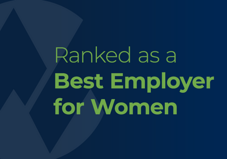 Green text that reads Ranked as a Best Employer for Women over a dark blue background
