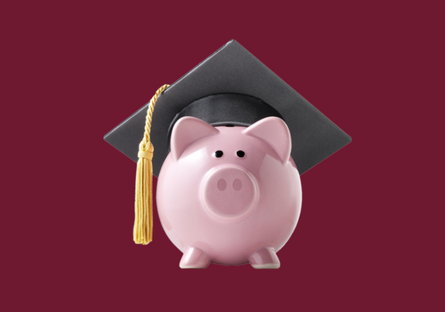 Image with a burgundy background and has a pink piggy bank wearing a graduation cap