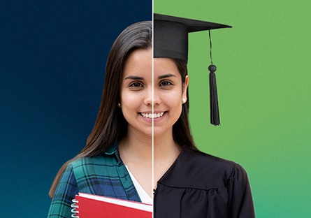 A split screen image of a woman carrying books with a dark blue background and and wearing a graduation cap with a green background