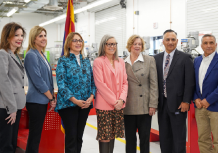 Group image from the Future48 Workforce Accelerator press conference held at GateWay Community College. Pictured from left to right are Laura French, Director of State Government Relations for TSMC AZ Corp; an industry partner representative; Sandra Watson, President & CEO, Arizona Commerce Authority; Arizona Governor Katie Hobbs; Susan Bitter Smith, MCCCD Governing Board President; Dr. Steven R. Gonzales, MCCCD Chancellor; and Dr. Tom Nerini, MCCCD Governing Board Secretary.