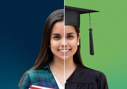 A spilt screen image of a smiling woman. On the left side there is a dark blue background with the woman wearing a plaid shirt holding a red notebook and on the right sight there is a green background and the woman is wearing a graduation cap and gown.