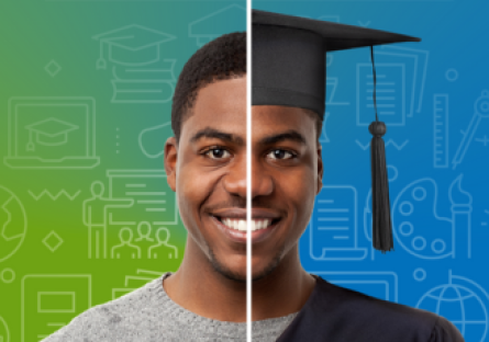 A split screen image of a man smiling. Half of the image has a green background with the man wearing a T-shirt, and the other half of the image there is a light blue background with the man wearing a graduation cap and gown. 