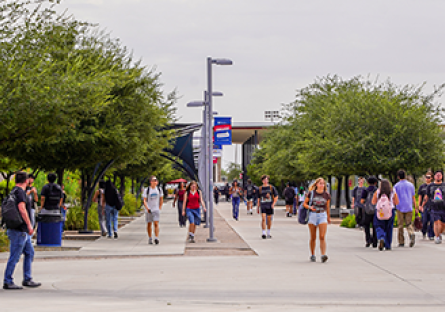 Image of Mesa Community College campus featuring students walking and interacting.