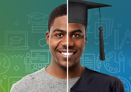 Image of male student with split graduation cap.