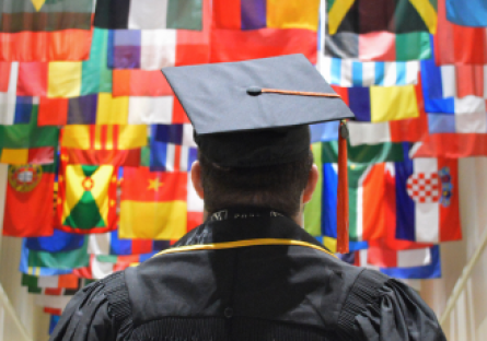 A college graduate  wearing a black cap and gown with back to camera looking at international flags