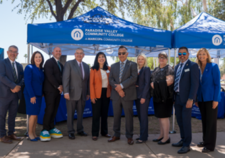 Pictured from left to right: Dr. Eric Leshinskie, Dr. Jana Schwartz, Dr. CJ Wurster, Dr. Richard C. Daniel, Dr. Veronica Hipolito, Chancellor Steven R. Gonzales, Dr. Kimberly Britt, Dr. Tiffany Hernandez, Dr. Rey Rivera, and Dr. Amy Diaz.