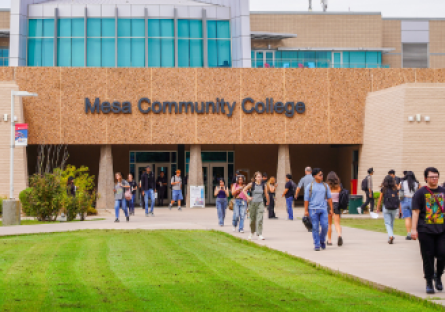 Mesa Community College students walking across the campus.
