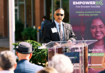 Chancellor Dr. Steven R. Gonzales is giving a speech at the launch of the EmpowerED for Student Success launch.
