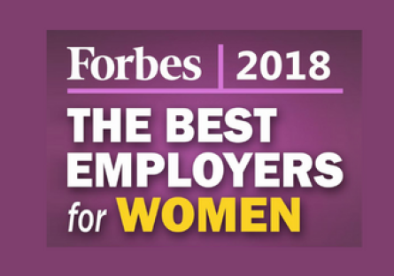 A graphic with a purple background and the wording Forbes 2018 The Best Employers for Women