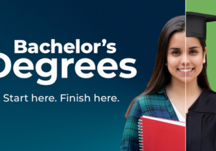 A graphic with the wording Bachelor's Degrees Start here. Finish here. A split image of a woman as a student and wearing a cap and gown.
