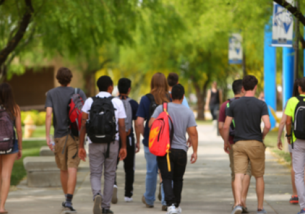 Image of a group of college students walking across a campus