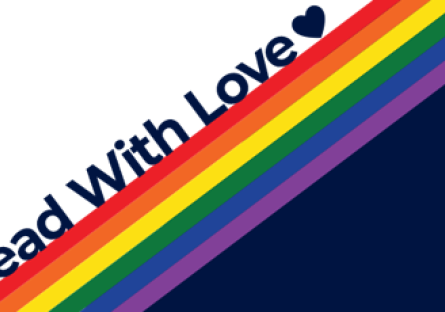 Lead with Love with a rainbow color beneath the text