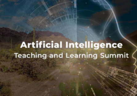 An image of the desert with an overly of an AI face with the words Artificial Intelligence Teaching & Learning Summit