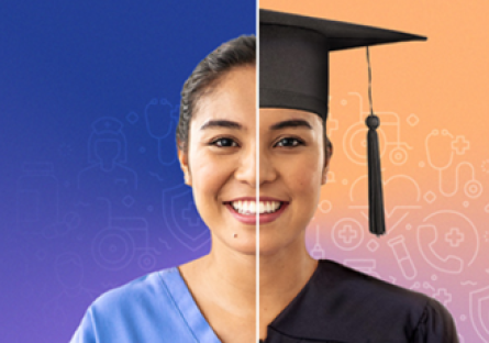 A split image of a nursing student wearing scrubs and a graduation cap and gown