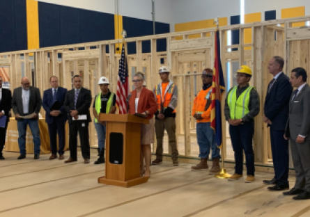 An image of Governor Hobbs at press conference at South Mountain Community College to promote BuilditAZ