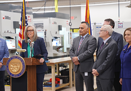 Arizona Governor Katie Hobbs speaks at a press conference announcing the Arizona Community College Workforce Scholarship Program.